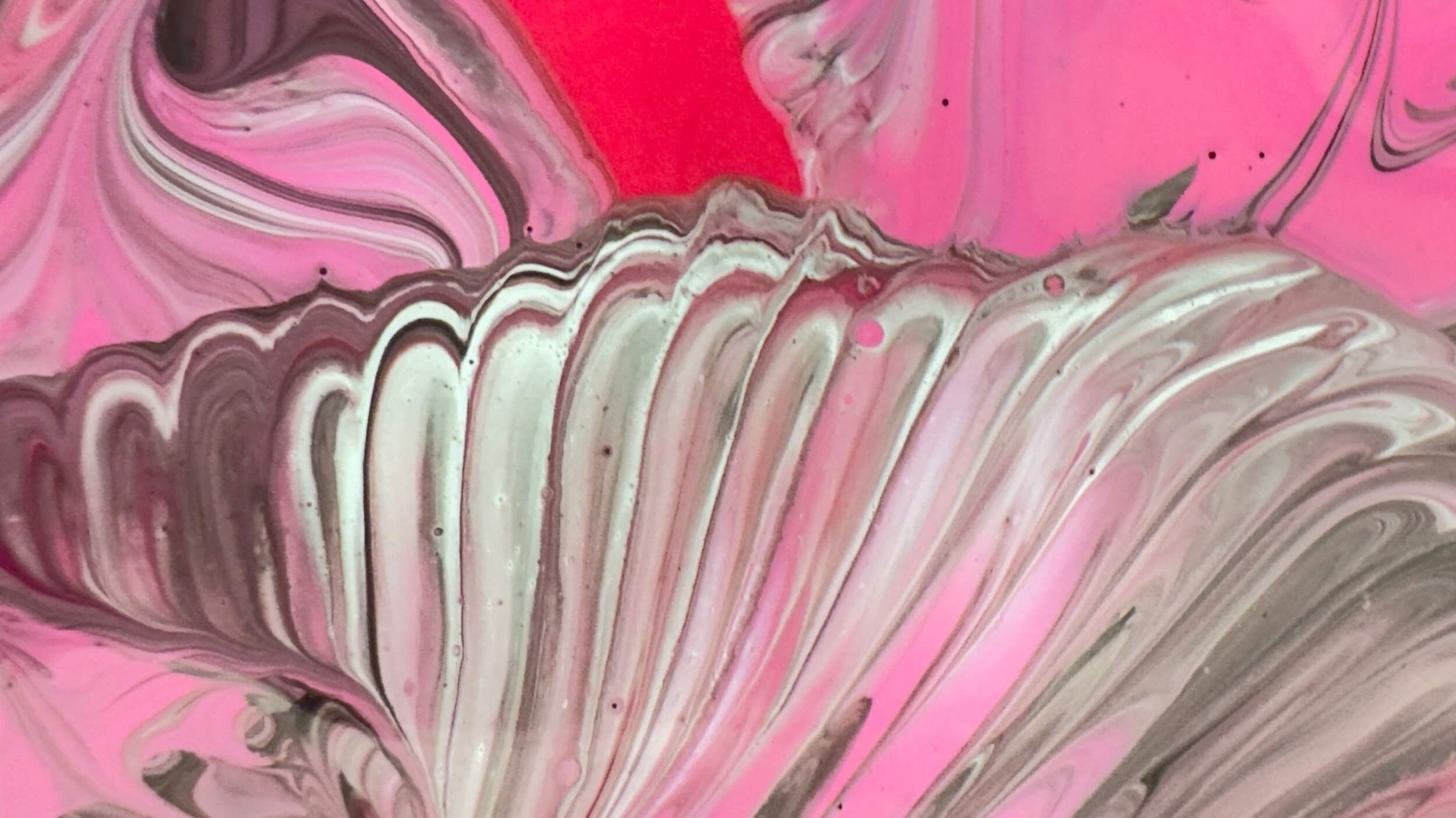 Abstract swirl of pink, red, white, and gray paint creates a marbled pattern with flowing, wavy lines and curved shapes throughout the image—a signature style from Greenway Lane Art Studio.