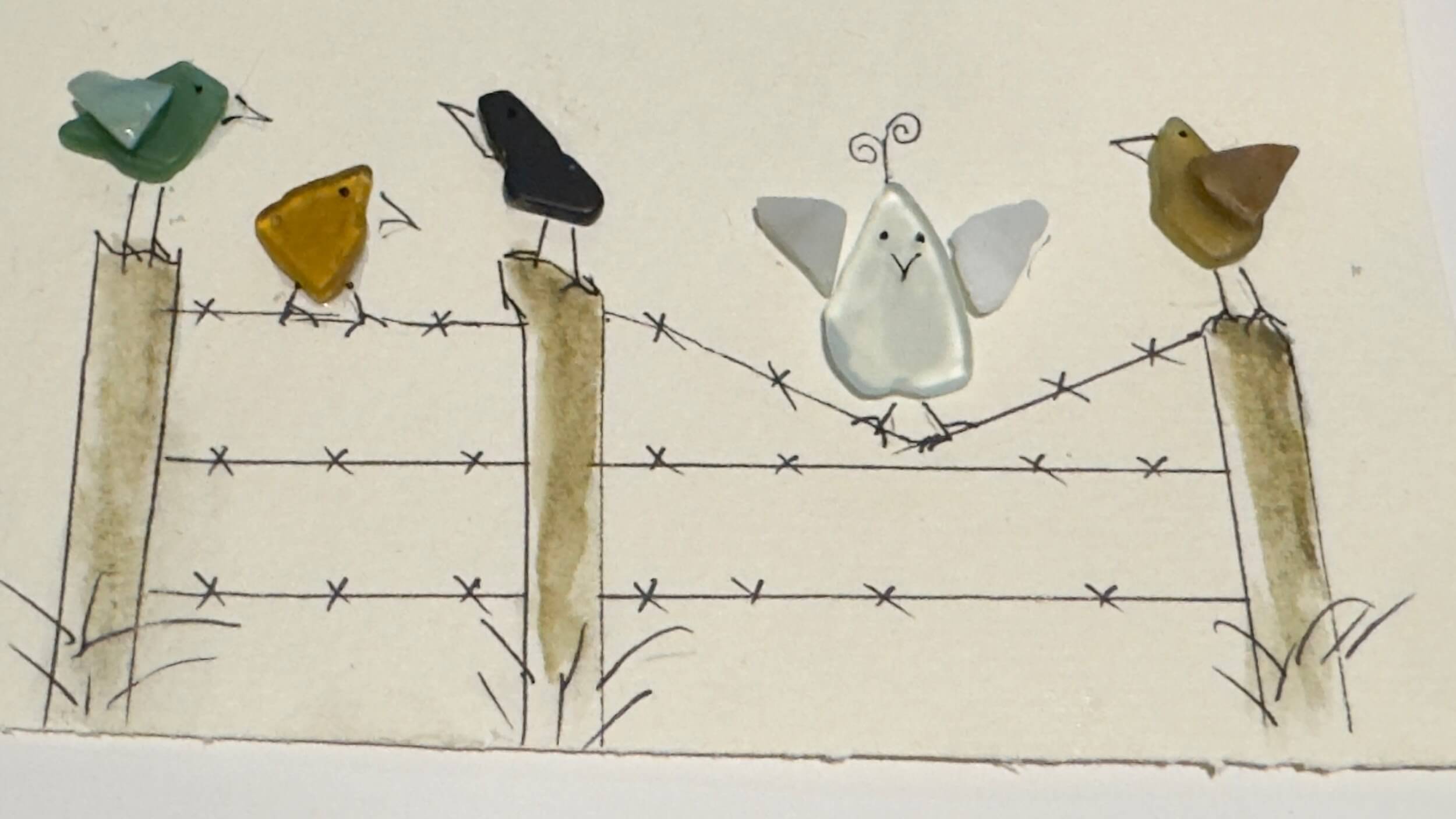 A painting of birds on a barbed wire fence.