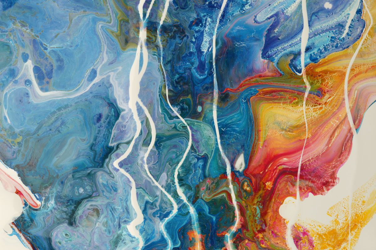Abstract painting with swirling blue, red, yellow, and orange colors, accented by bold white lines. The dynamic, fluid effect evokes marbled patterns or liquid movement—a signature style of Greenway Lane Art Studio.
