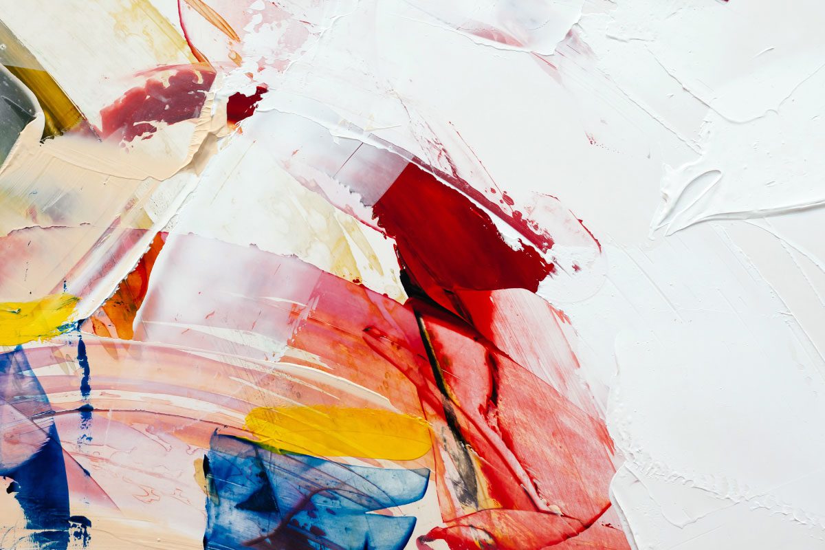 Abstract painting with bold strokes of red, white, yellow, blue, and beige. Thick textures and sweeping brush marks create energy. Some areas are smoothly blended while others are more defined, reflecting the vibrant style of Greenway Lane Art Studio.