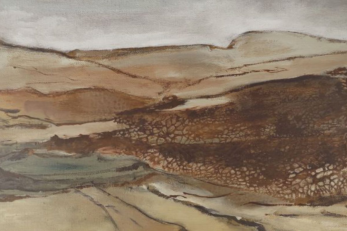 Abstract painting of a barren, cracked landscape in brown, tan, and beige tones. This Greenway Lane Art Studio piece evokes a dry, desolate scene with textured earth beneath a cloudy, muted sky.