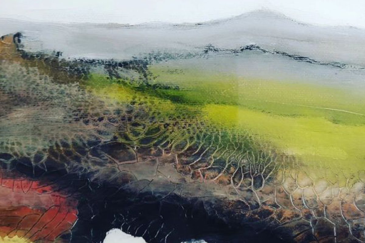 Abstract painting featuring earthy textures and colors from Greenway Lane Art Studio. The lower area has cracked patterns in brown and black, with streaks of yellow and green above, blending into misty greys and whites at the top, resembling a landscape.