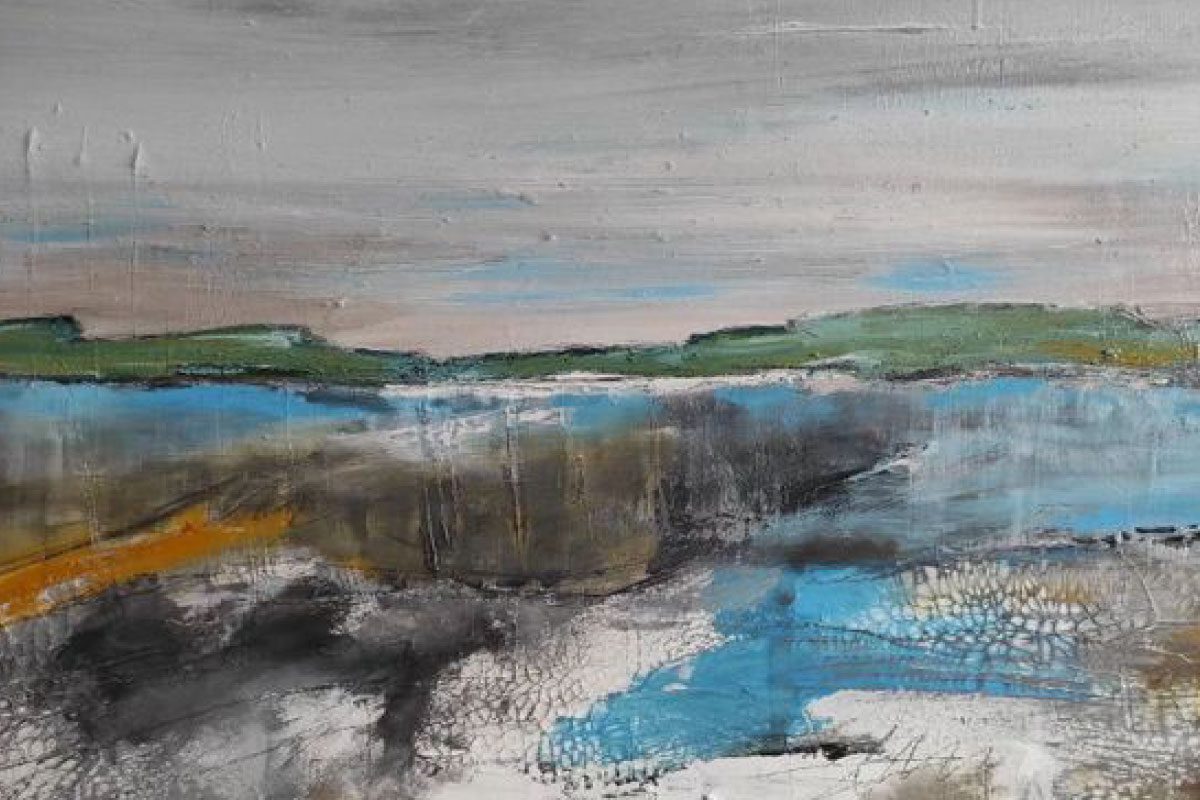 Abstract landscape painting from Greenway Lane Art Studio features muted blue, gray, white, and green tones that depict water, grassy hills, and a cloudy sky. Expressive brushstrokes and textures evoke movement and depth.