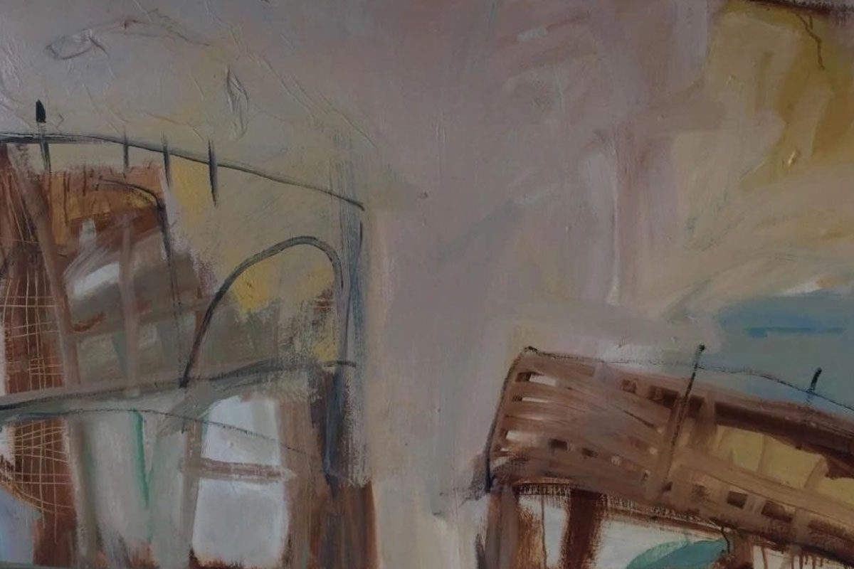 Abstract painting with earth-toned colors by Greenway Lane Art Studio, featuring curved and intersecting lines. The left side has arches and grids in brown and beige; the right side displays angled shapes, accented with light blue and yellow highlights.