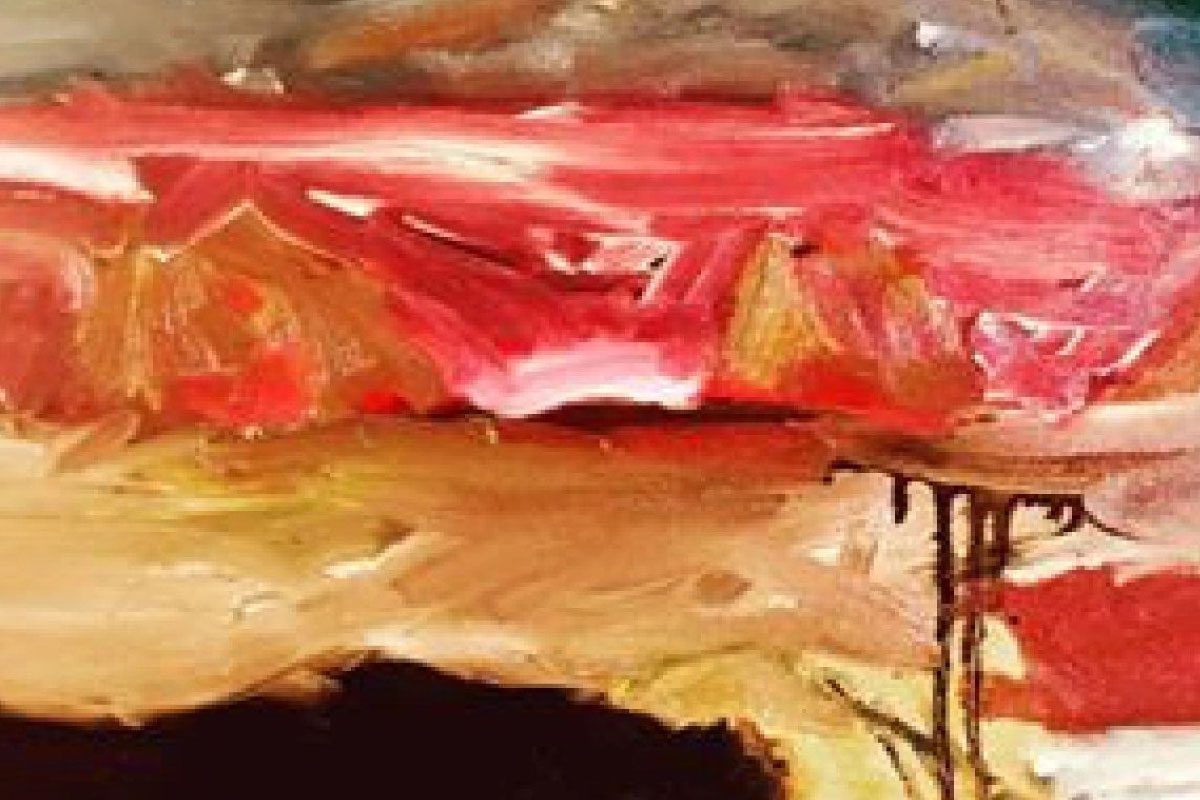 Abstract painting featuring bold, layered brushstrokes in red, pink, brown, and yellow tones from Greenway Lane Art Studio, creating a textured and dynamic composition reminiscent of a landscape.