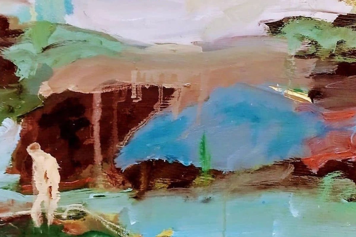 An abstract painting from Greenway Lane Art Studio features a blurred figure near blue water, surrounded by green and brown shapes suggesting trees and landscape under a cloudy sky, with loose brushstrokes and softly blended colors.